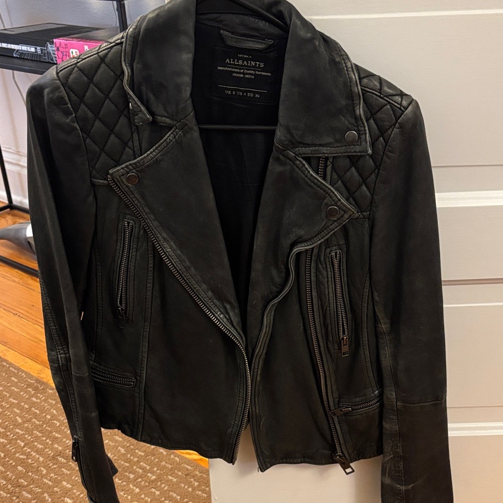 All Saints Quilted Black Leather Jacket